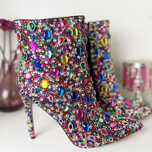 Akira Azalea Wang Poppy Multi Jeweled Stiletto Heel Ankle Booties Size 12 NWT - Picture 7 of 16